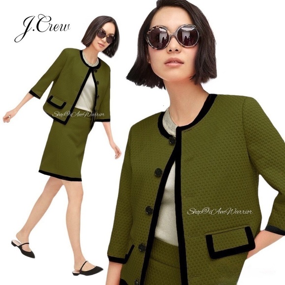 J.Crew NWT olive cropped textured ribbon tipped jacket + matching a-line skirt - Picture 1 of 13